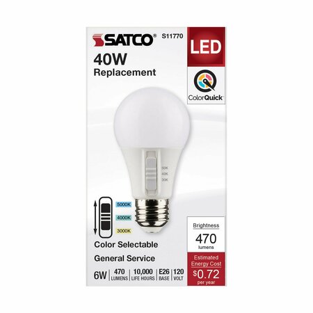 Satco 6W A19 LED - E26 Base - CCT Selectable - White Finish - 90 CRI - 120V S11770